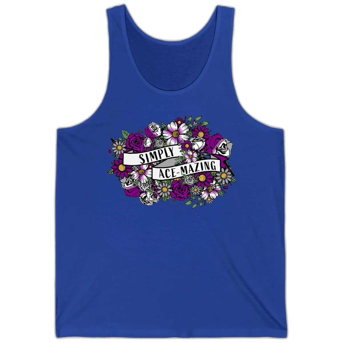 Simply ace-mazing floral design with purple roses, white daisies, green leaves, and banner ribbons on gray background in True Royal