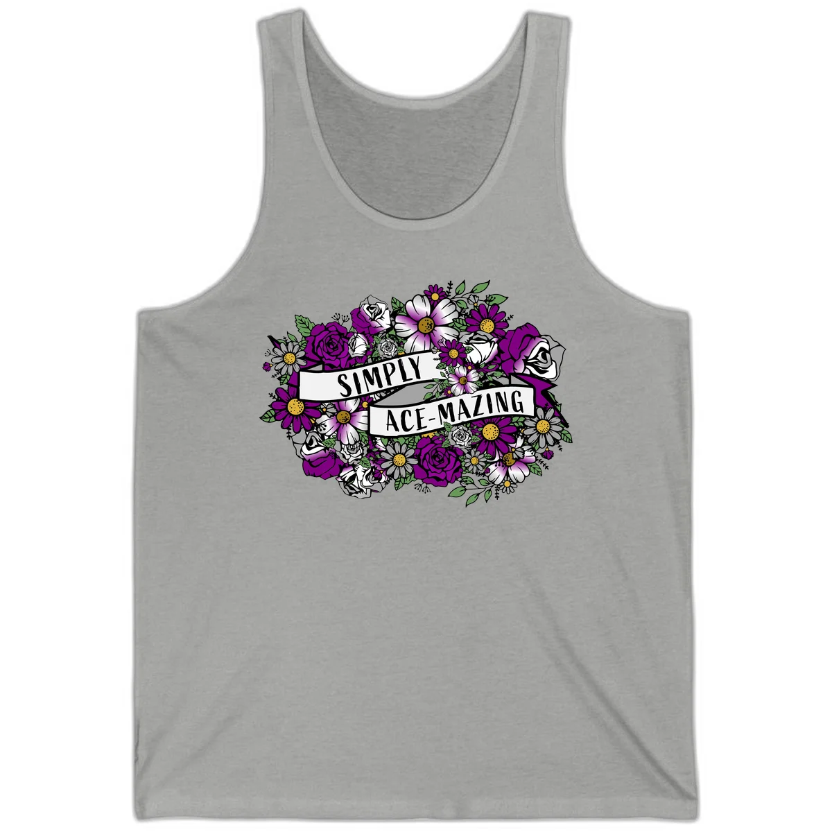 Simply ace-mazing floral design with purple roses, white daisies, green leaves, and banner ribbons on gray background in Athletic Heather