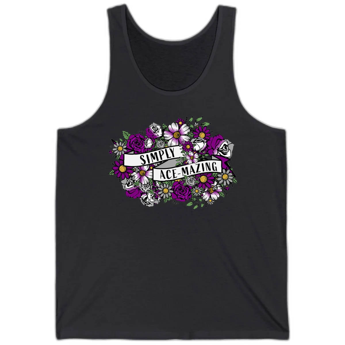 Simply ace-mazing floral design with purple roses, white daisies, green leaves, and banner ribbons on gray background in Dark Grey