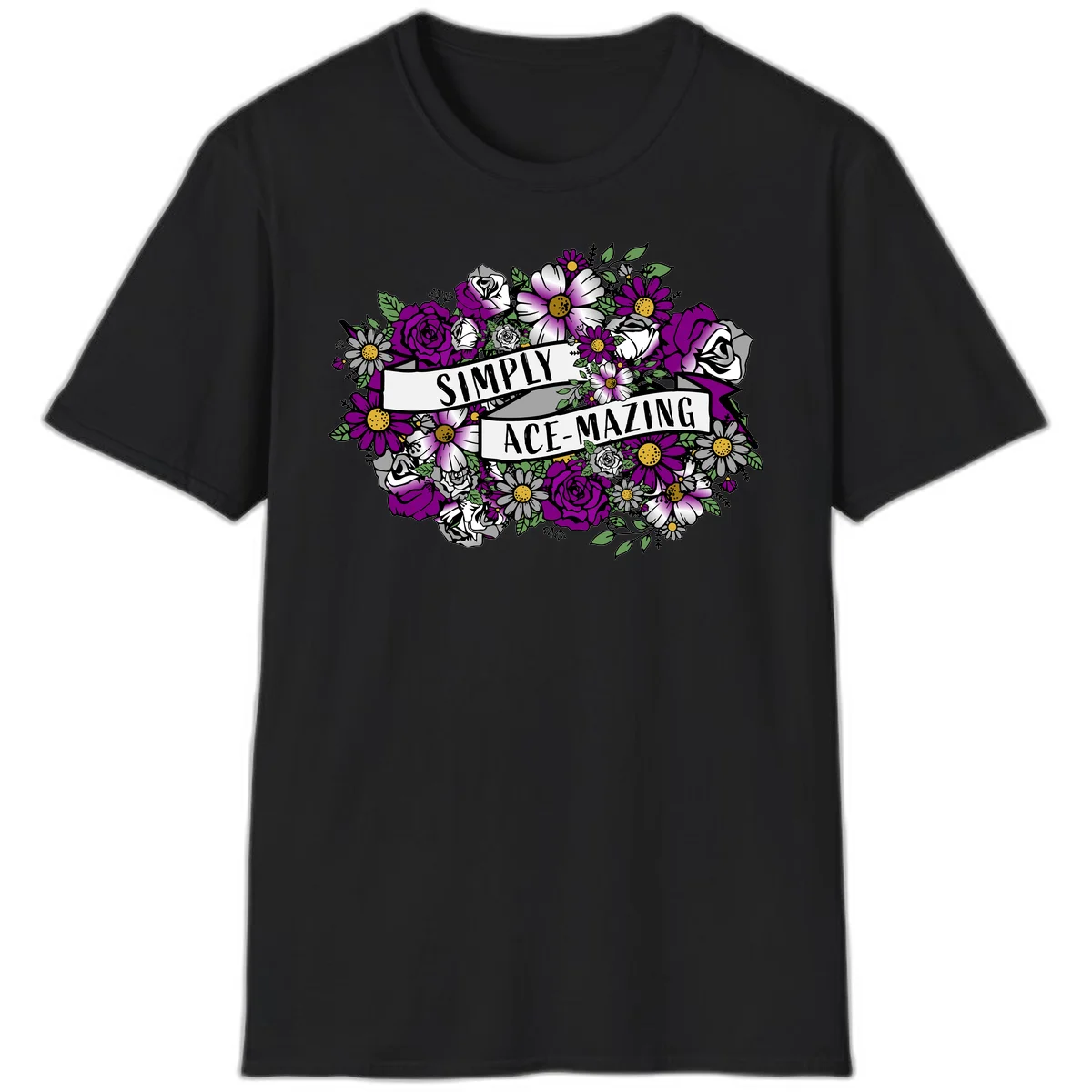 Simply ace-mazing floral design with purple roses, white daisies, green leaves, and banner ribbons on gray background in Black