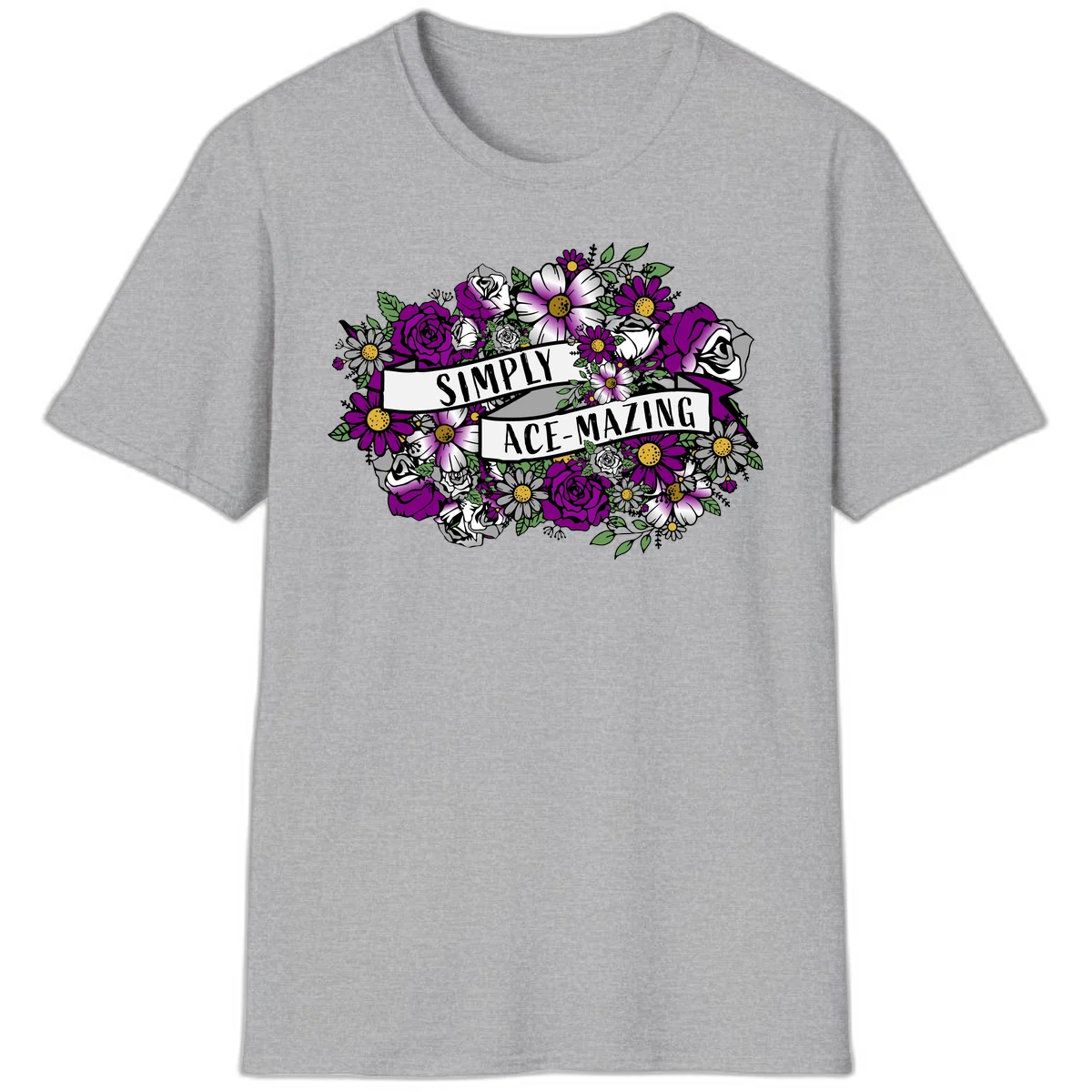 Simply ace-mazing floral design with purple roses, white daisies, green leaves, and banner ribbons on gray background in Sport Grey