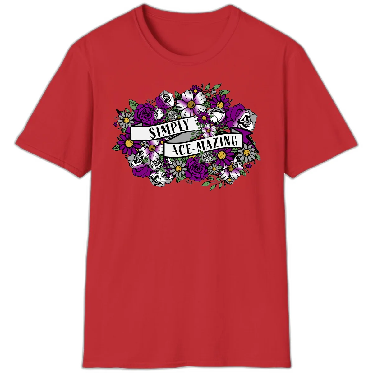 Simply ace-mazing floral design with purple roses, white daisies, green leaves, and banner ribbons on gray background in Red