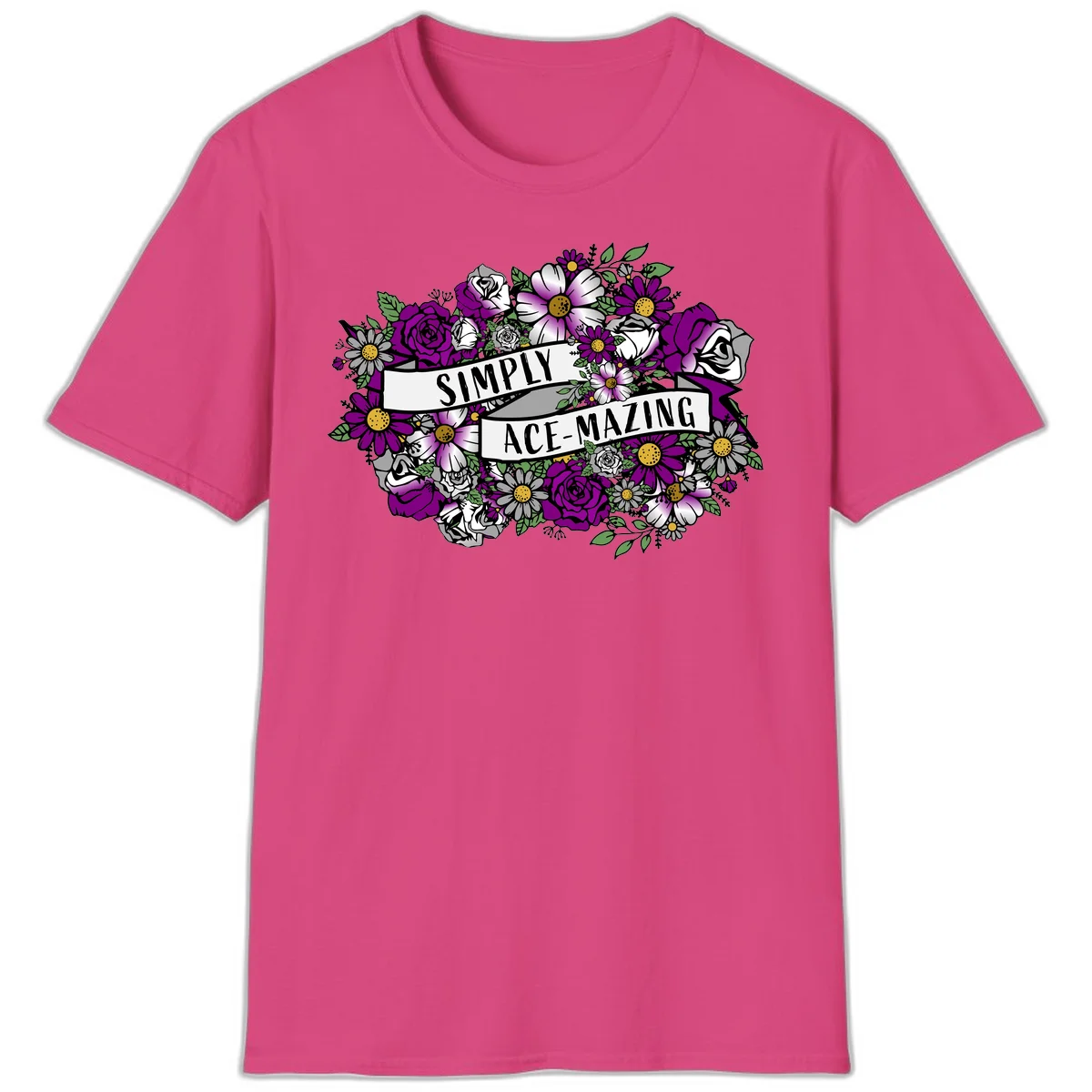 Simply ace-mazing floral design with purple roses, white daisies, green leaves, and banner ribbons on gray background in Heliconia