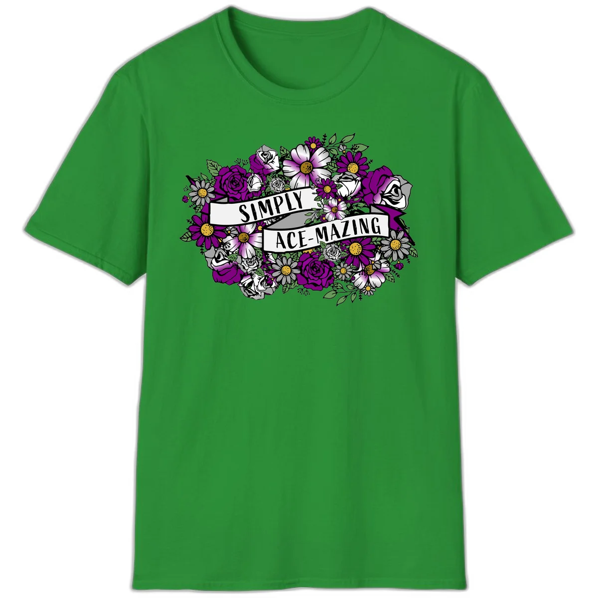 Simply ace-mazing floral design with purple roses, white daisies, green leaves, and banner ribbons on gray background in Irish Green