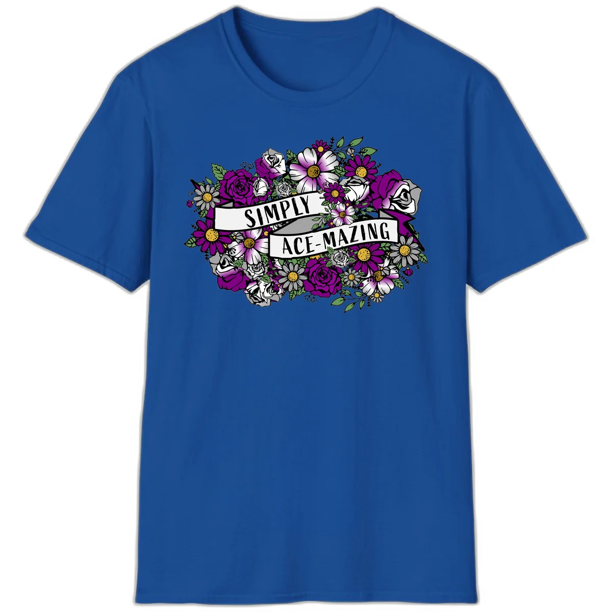 Simply ace-mazing floral design with purple roses, white daisies, green leaves, and banner ribbons on gray background in Royal