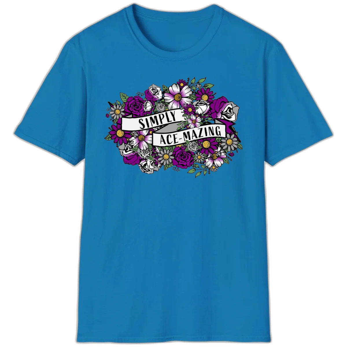 Simply ace-mazing floral design with purple roses, white daisies, green leaves, and banner ribbons on gray background in Sapphire