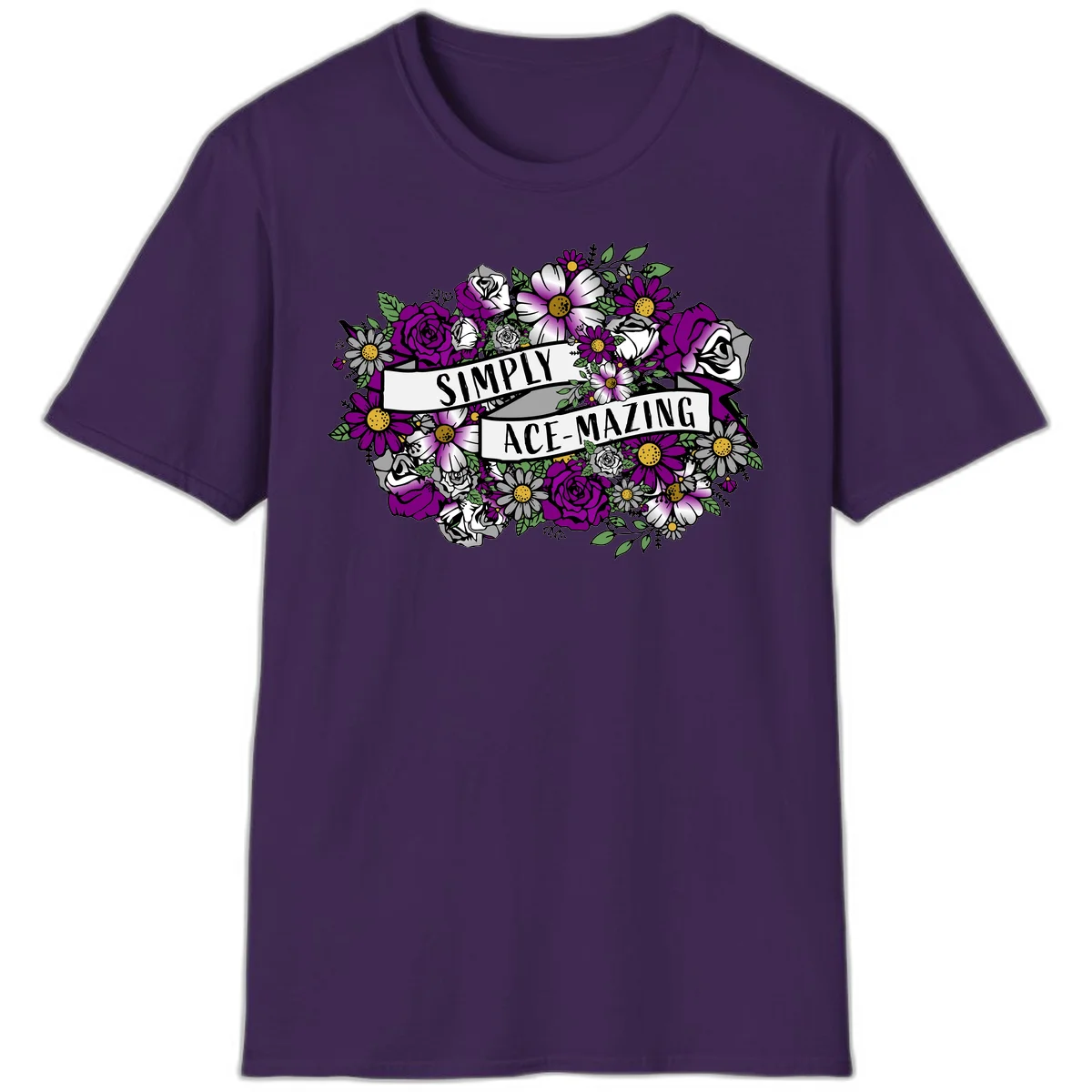 Simply ace-mazing floral design with purple roses, white daisies, green leaves, and banner ribbons on gray background in Purple