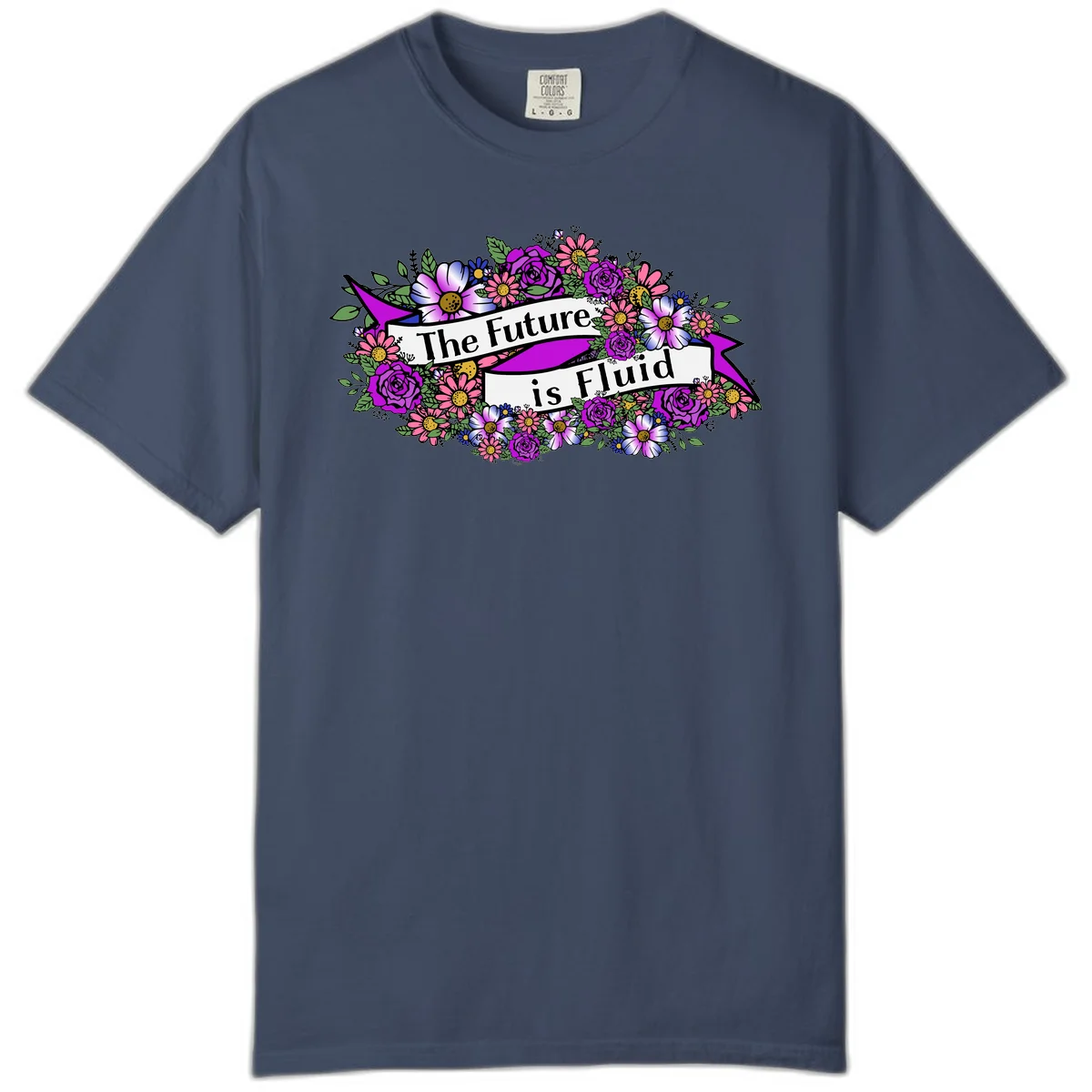 Colorful floral arrangement surrounding a banner reading 'The Future is Fluid' with roses, daisies, and greenery in magenta, pink, purple, and blue tones in Midnight