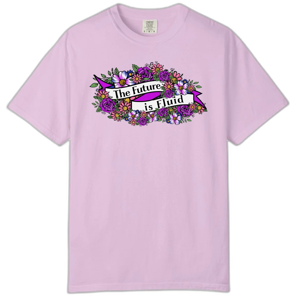 Colorful floral arrangement surrounding a banner reading 'The Future is Fluid' with roses, daisies, and greenery in magenta, pink, purple, and blue tones in Orchid