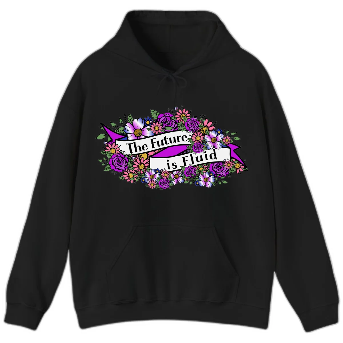 Colorful floral arrangement surrounding a banner reading 'The Future is Fluid' with roses, daisies, and greenery in magenta, pink, purple, and blue tones in Black
