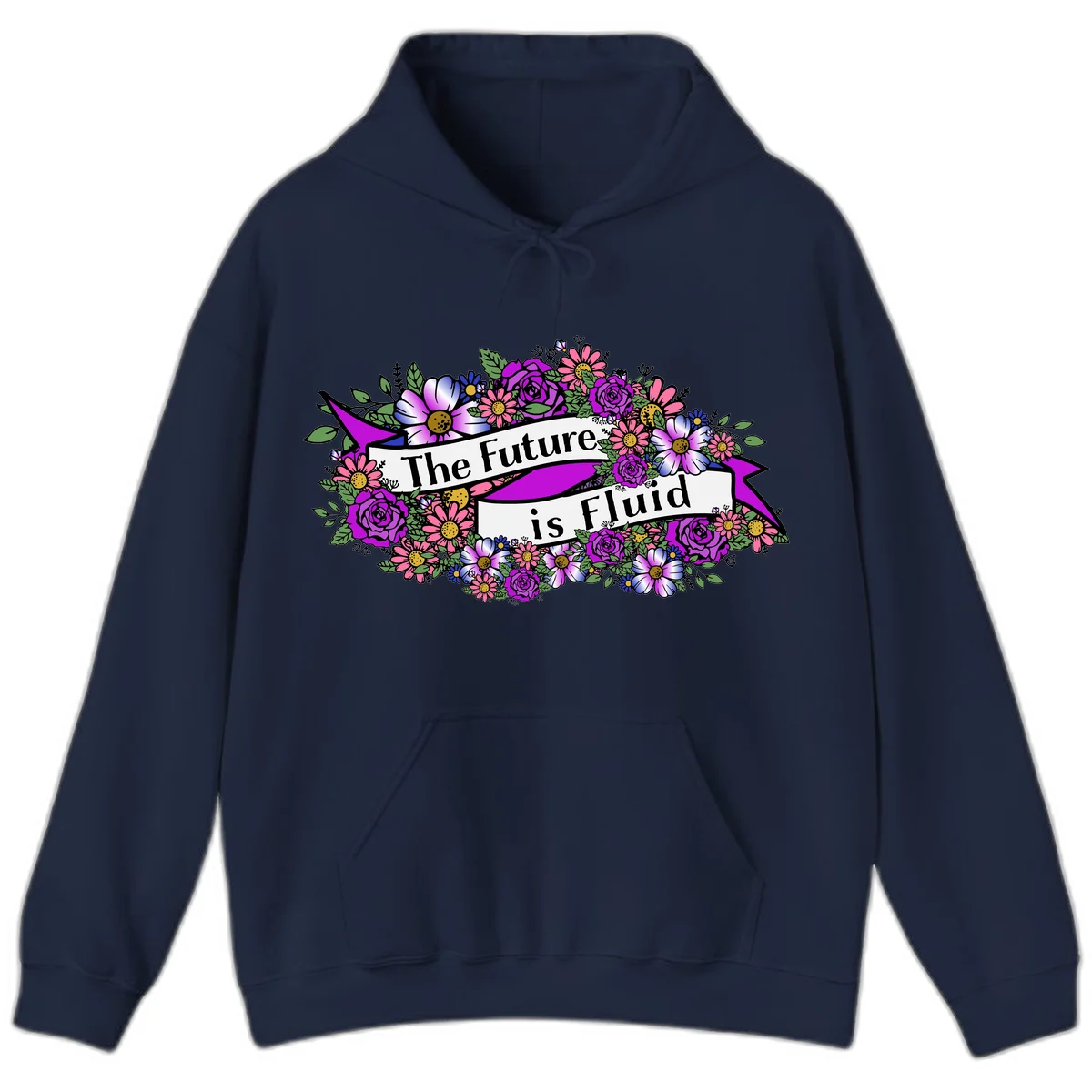 Colorful floral arrangement surrounding a banner reading 'The Future is Fluid' with roses, daisies, and greenery in magenta, pink, purple, and blue tones in Navy