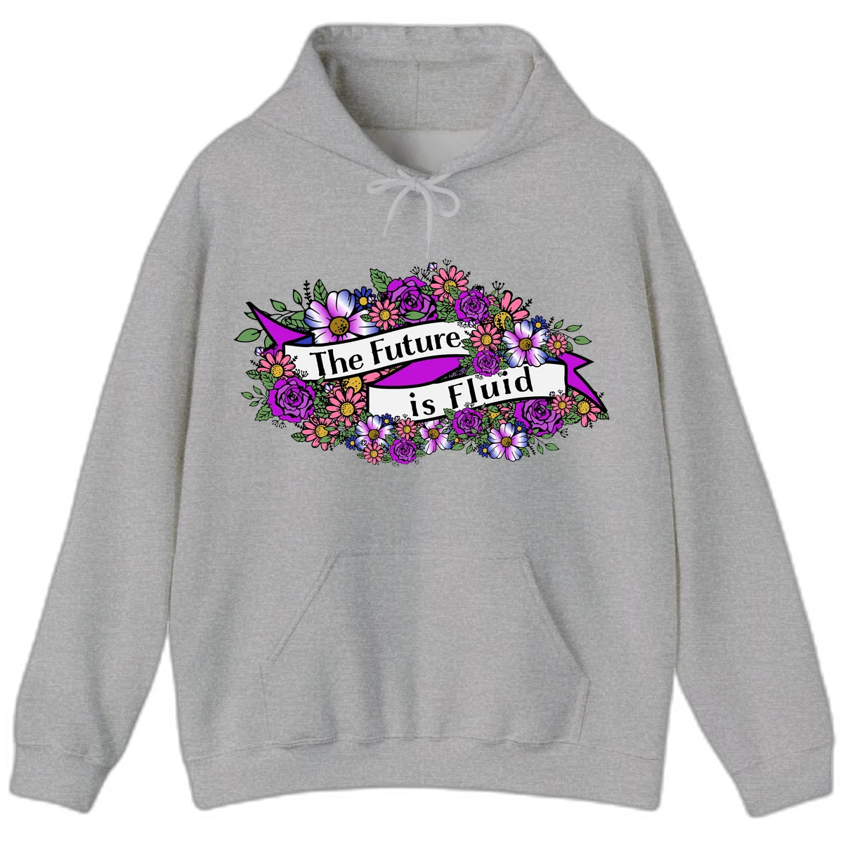 Colorful floral arrangement surrounding a banner reading 'The Future is Fluid' with roses, daisies, and greenery in magenta, pink, purple, and blue tones in Sport Grey