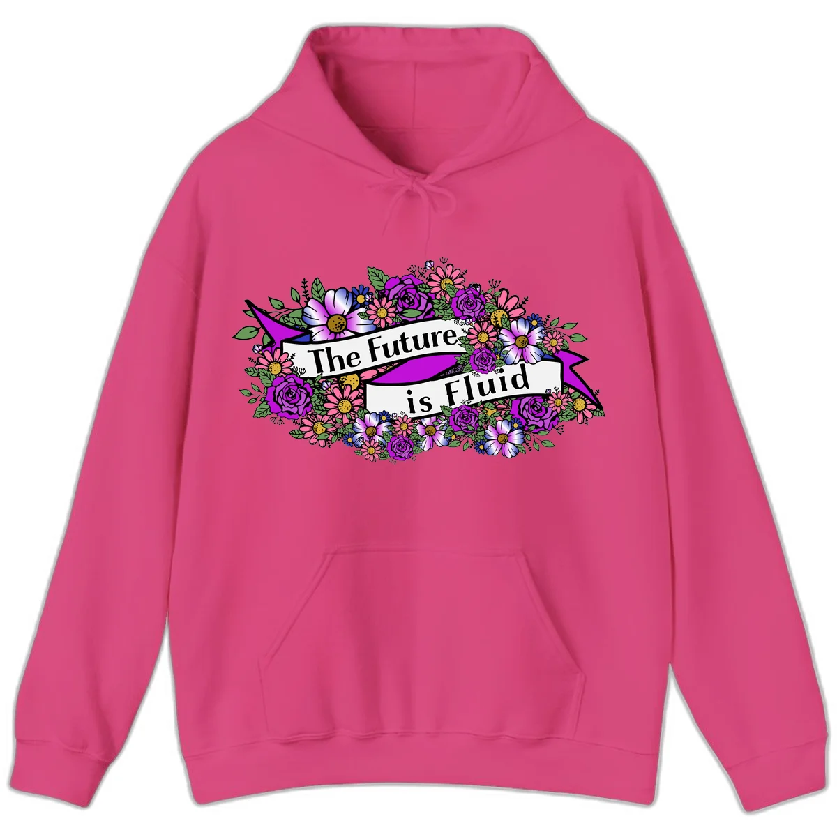 Colorful floral arrangement surrounding a banner reading 'The Future is Fluid' with roses, daisies, and greenery in magenta, pink, purple, and blue tones in Heliconia