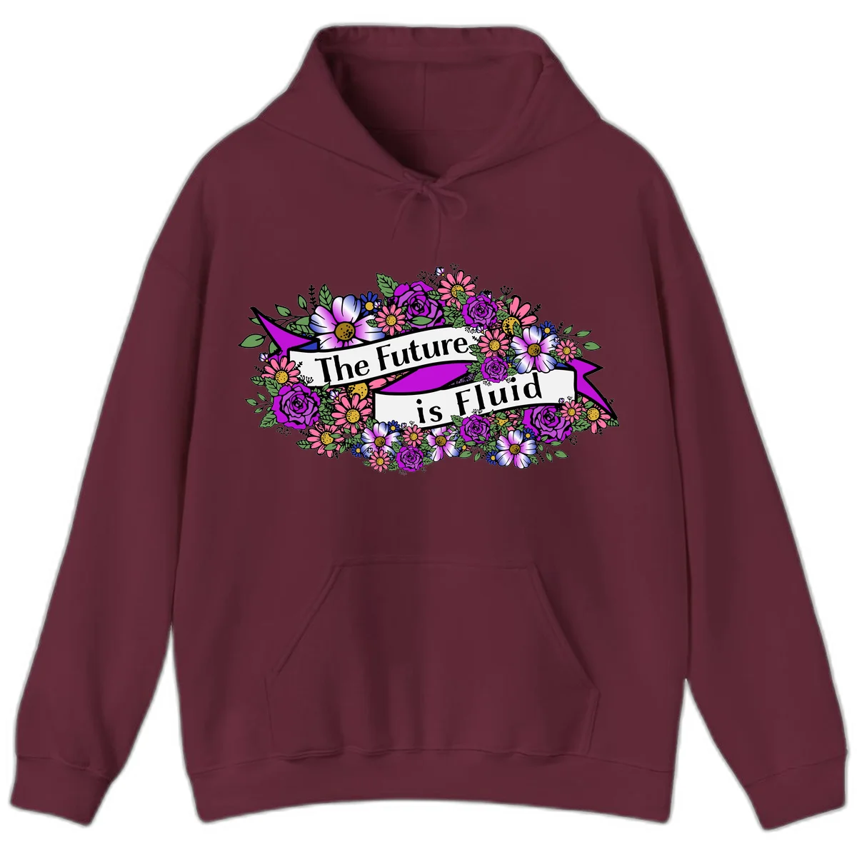 Colorful floral arrangement surrounding a banner reading 'The Future is Fluid' with roses, daisies, and greenery in magenta, pink, purple, and blue tones in Maroon