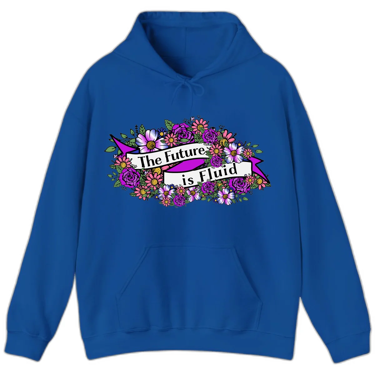 Colorful floral arrangement surrounding a banner reading 'The Future is Fluid' with roses, daisies, and greenery in magenta, pink, purple, and blue tones in Royal