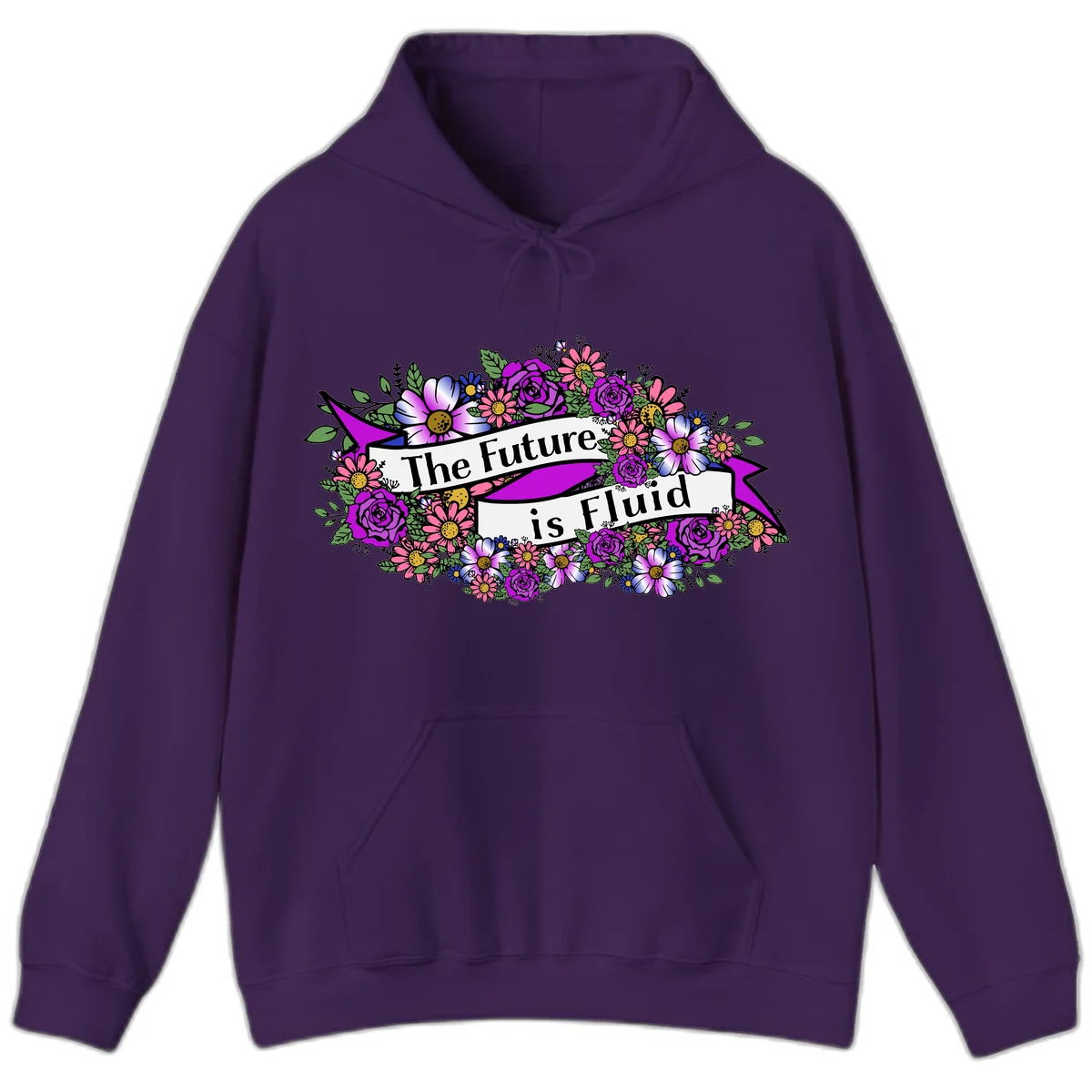 Colorful floral arrangement surrounding a banner reading 'The Future is Fluid' with roses, daisies, and greenery in magenta, pink, purple, and blue tones in Purple