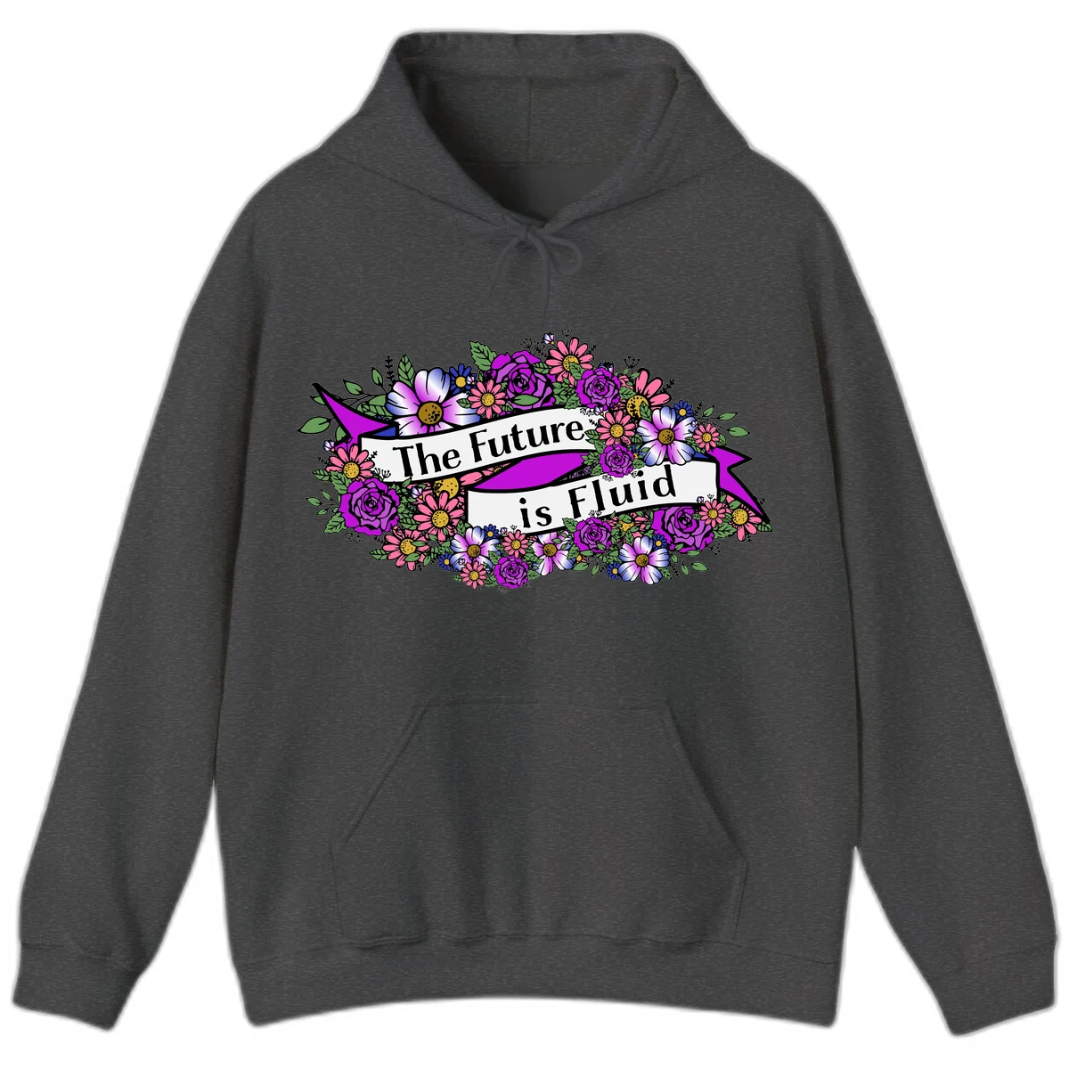 Colorful floral arrangement surrounding a banner reading 'The Future is Fluid' with roses, daisies, and greenery in magenta, pink, purple, and blue tones in Dark Heather