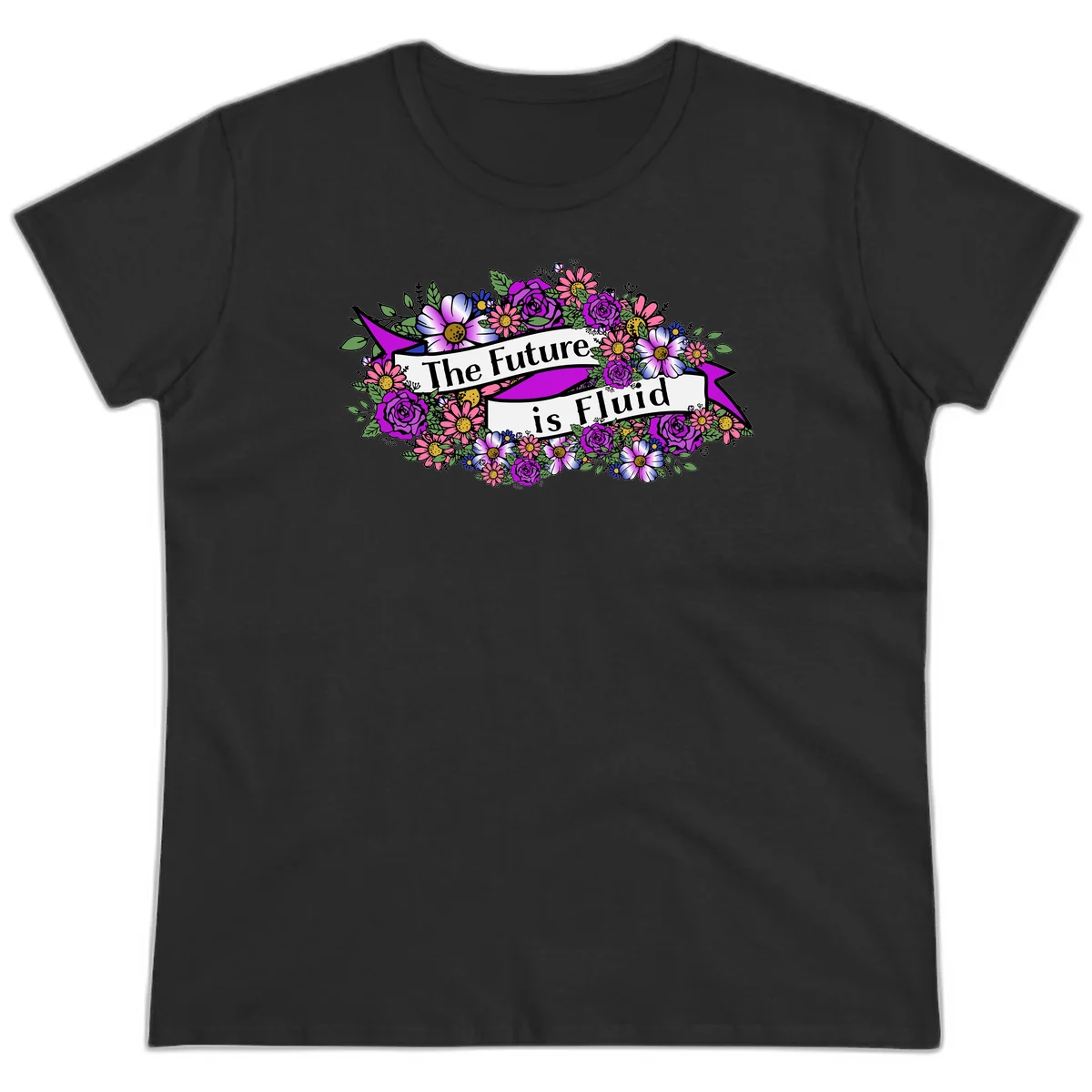 Colorful floral arrangement surrounding a banner reading 'The Future is Fluid' with roses, daisies, and greenery in magenta, pink, purple, and blue tones in Black
