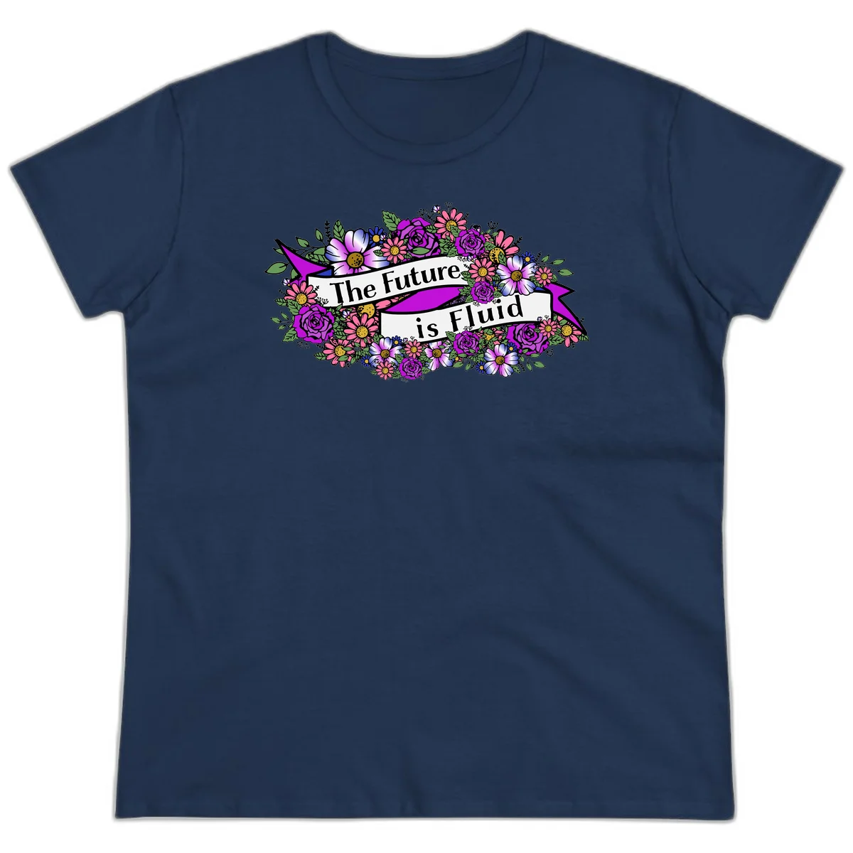 Colorful floral arrangement surrounding a banner reading 'The Future is Fluid' with roses, daisies, and greenery in magenta, pink, purple, and blue tones in Navy