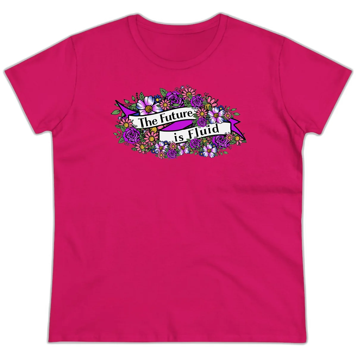 Colorful floral arrangement surrounding a banner reading 'The Future is Fluid' with roses, daisies, and greenery in magenta, pink, purple, and blue tones in Heliconia