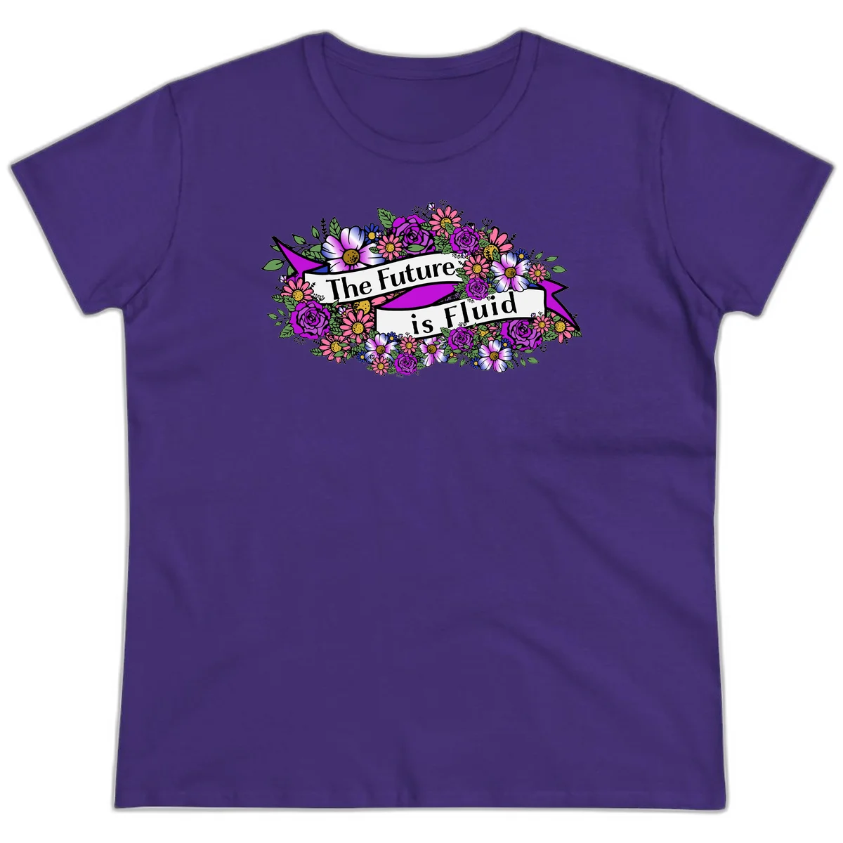 Colorful floral arrangement surrounding a banner reading 'The Future is Fluid' with roses, daisies, and greenery in magenta, pink, purple, and blue tones in Purple