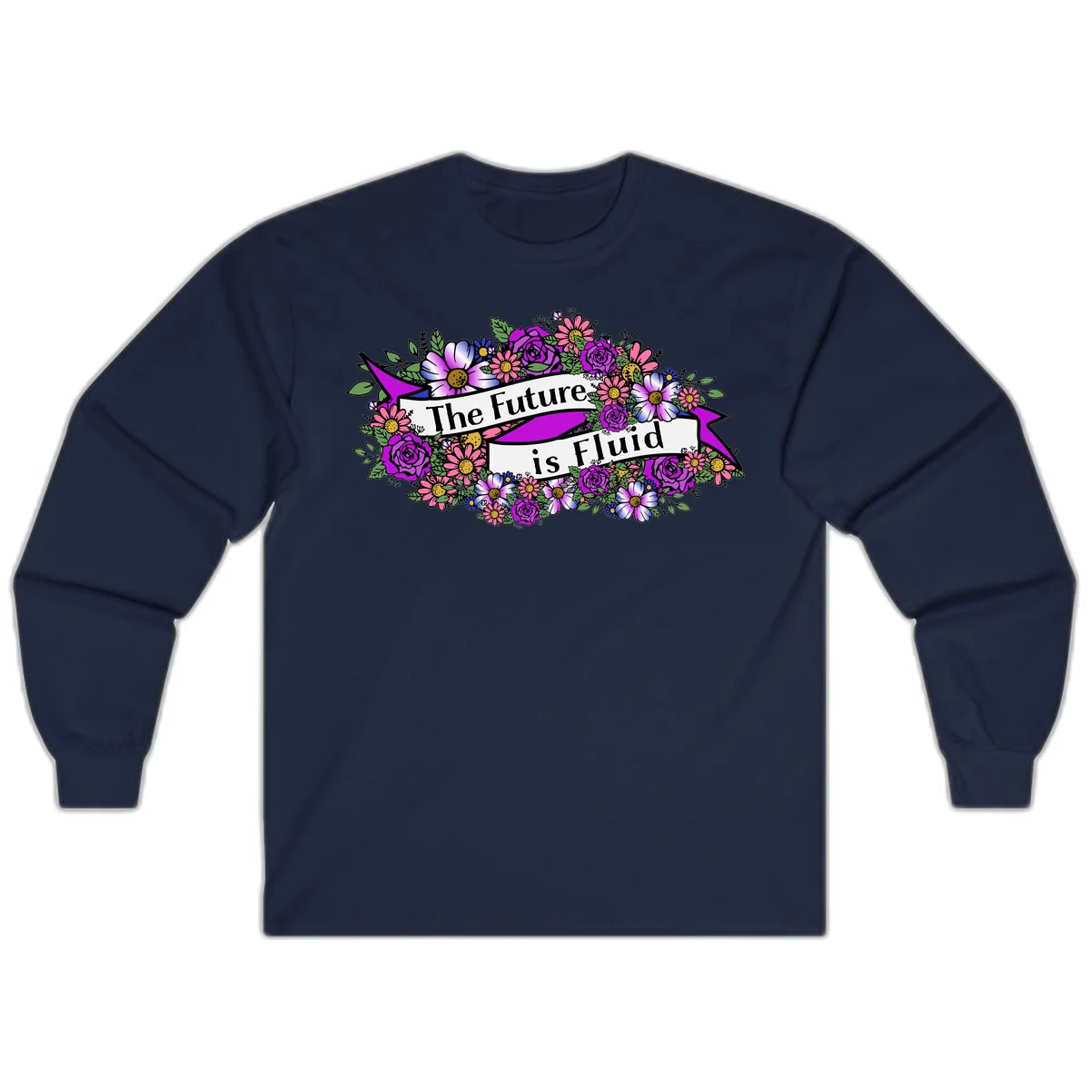 Colorful floral arrangement surrounding a banner reading 'The Future is Fluid' with roses, daisies, and greenery in magenta, pink, purple, and blue tones in Navy