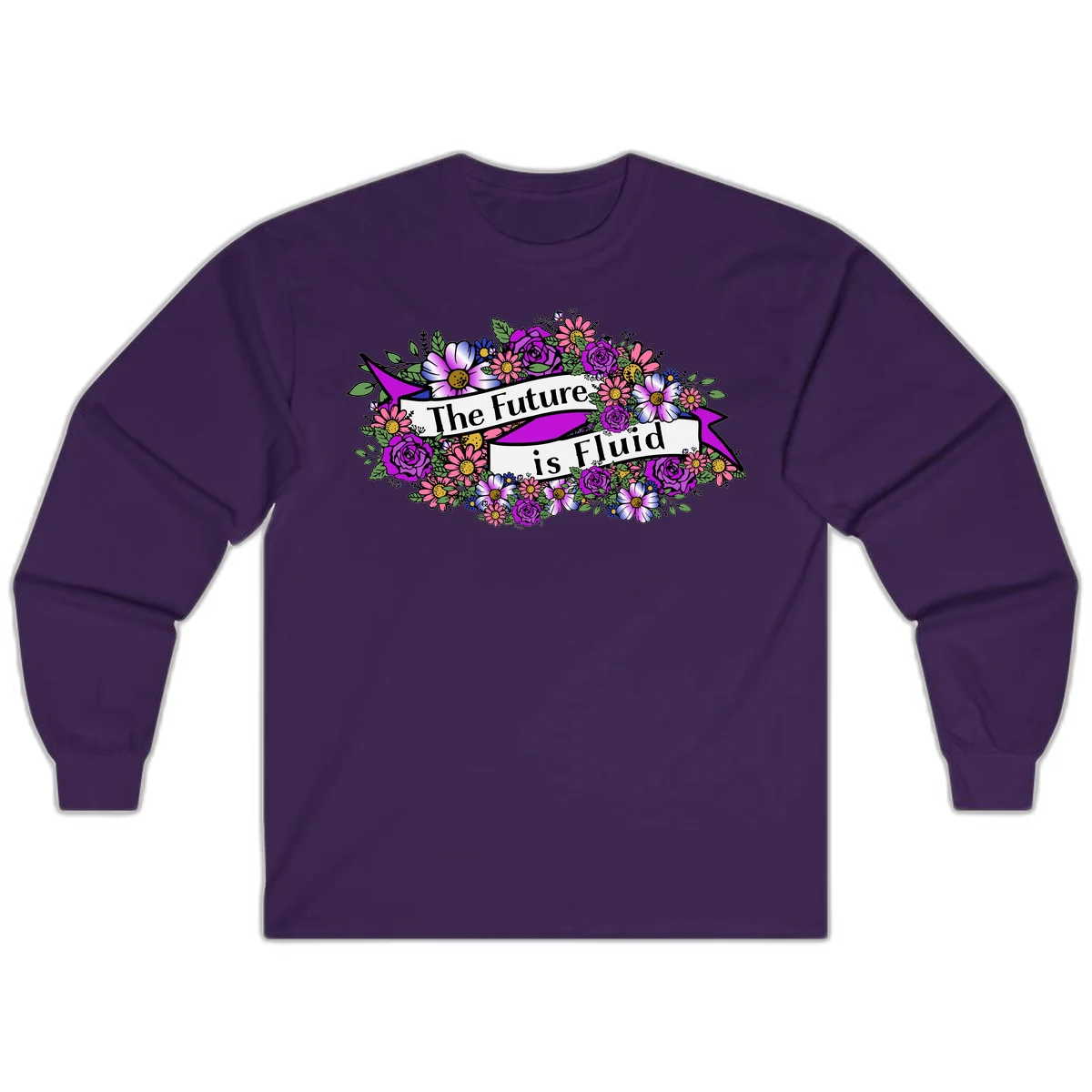 Colorful floral arrangement surrounding a banner reading 'The Future is Fluid' with roses, daisies, and greenery in magenta, pink, purple, and blue tones in Purple