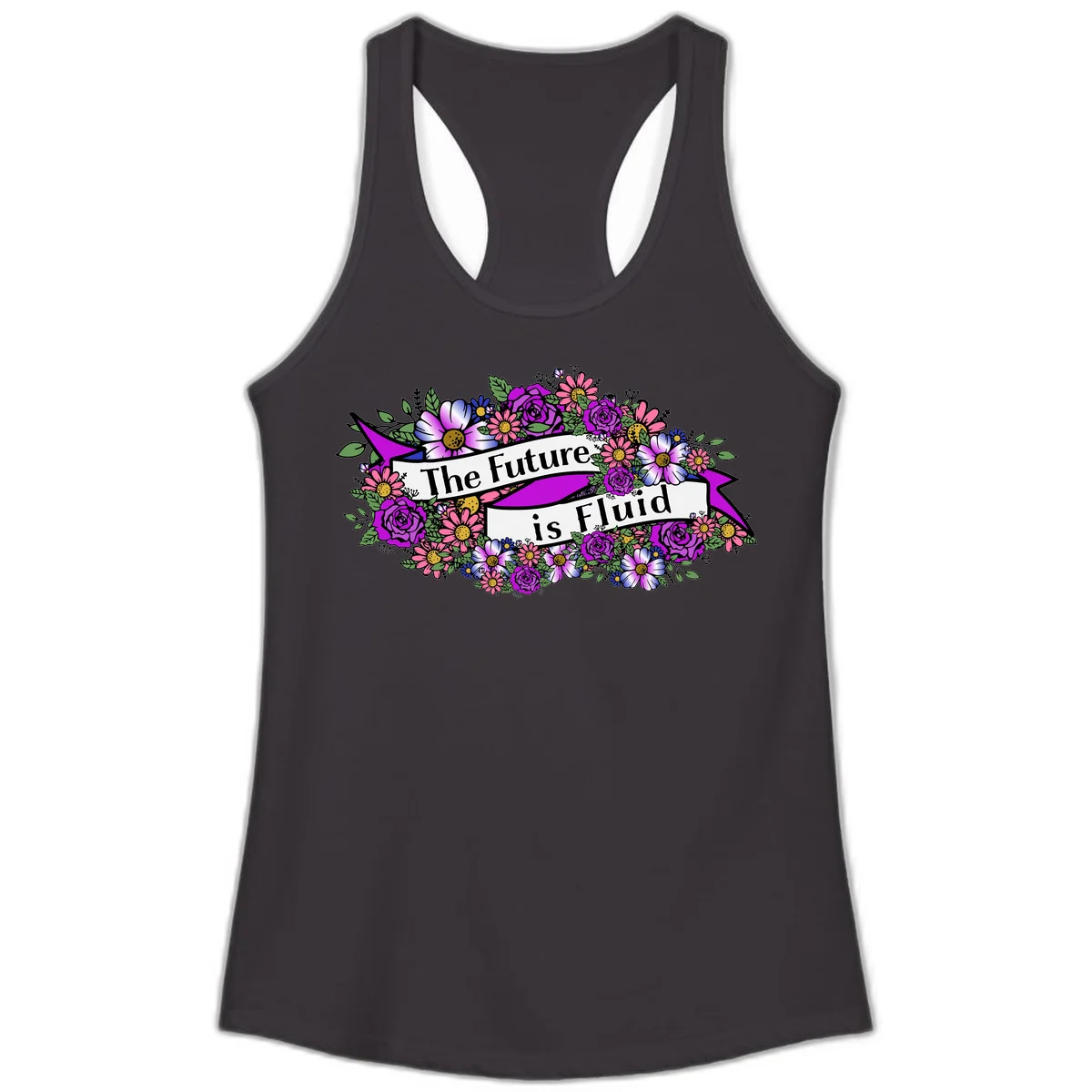 Colorful floral arrangement surrounding a banner reading 'The Future is Fluid' with roses, daisies, and greenery in magenta, pink, purple, and blue tones in Black