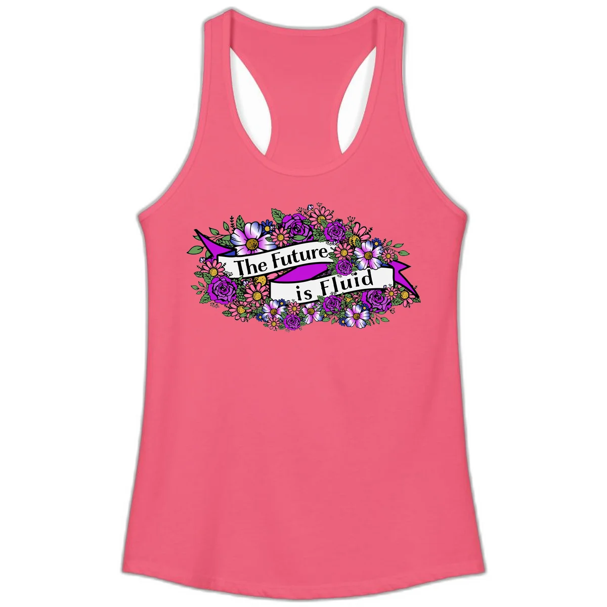 Colorful floral arrangement surrounding a banner reading 'The Future is Fluid' with roses, daisies, and greenery in magenta, pink, purple, and blue tones in Hot Pink