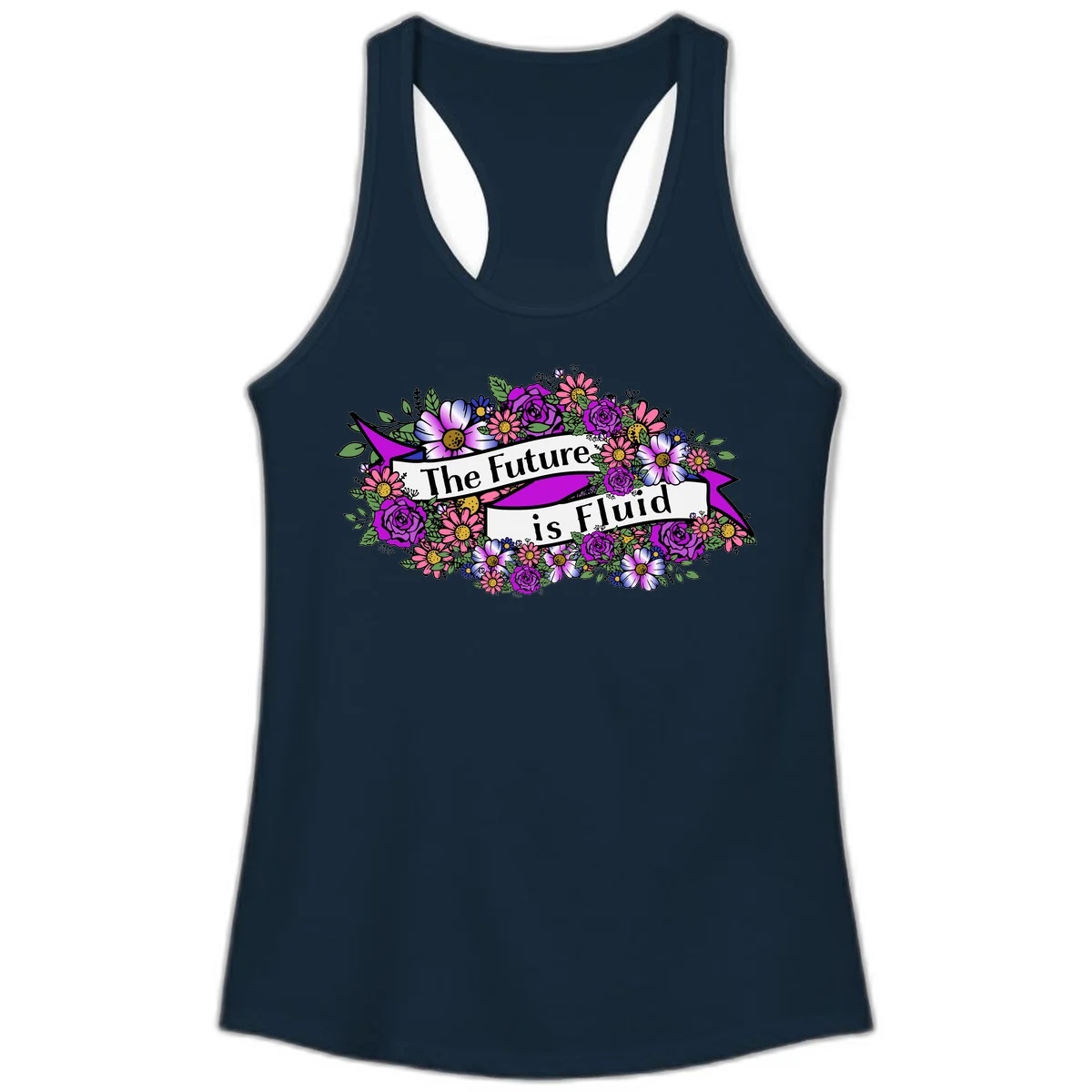 Colorful floral arrangement surrounding a banner reading 'The Future is Fluid' with roses, daisies, and greenery in magenta, pink, purple, and blue tones in Solid Midnight Navy