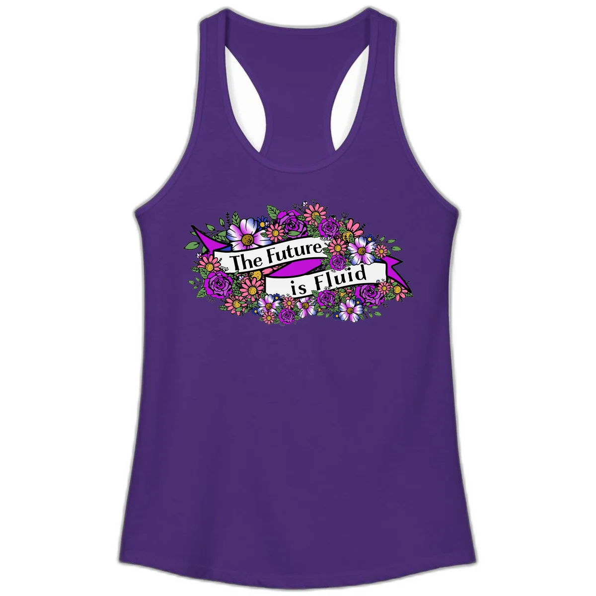 Colorful floral arrangement surrounding a banner reading 'The Future is Fluid' with roses, daisies, and greenery in magenta, pink, purple, and blue tones in Solid Purple Rush