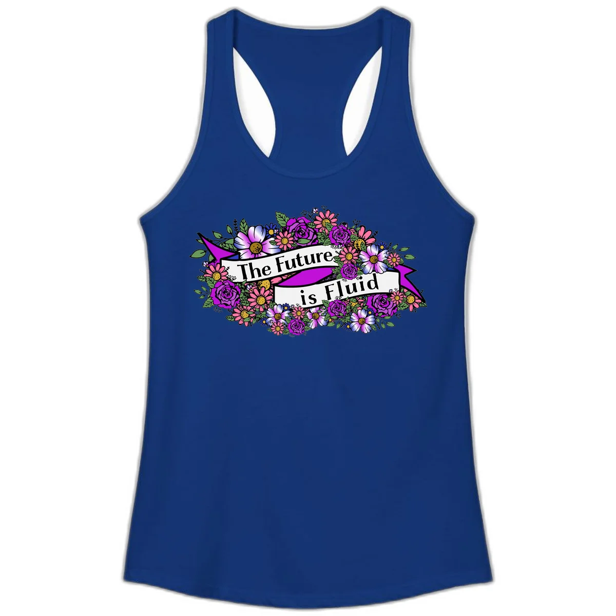 Colorful floral arrangement surrounding a banner reading 'The Future is Fluid' with roses, daisies, and greenery in magenta, pink, purple, and blue tones in Solid Royal