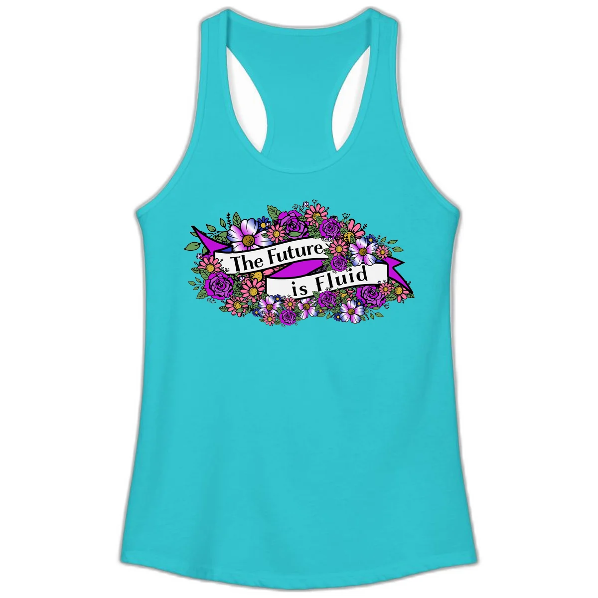 Colorful floral arrangement surrounding a banner reading 'The Future is Fluid' with roses, daisies, and greenery in magenta, pink, purple, and blue tones in Solid Tahiti Blue