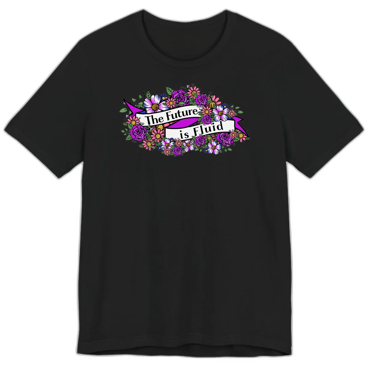 Colorful floral arrangement surrounding a banner reading 'The Future is Fluid' with roses, daisies, and greenery in magenta, pink, purple, and blue tones in Black