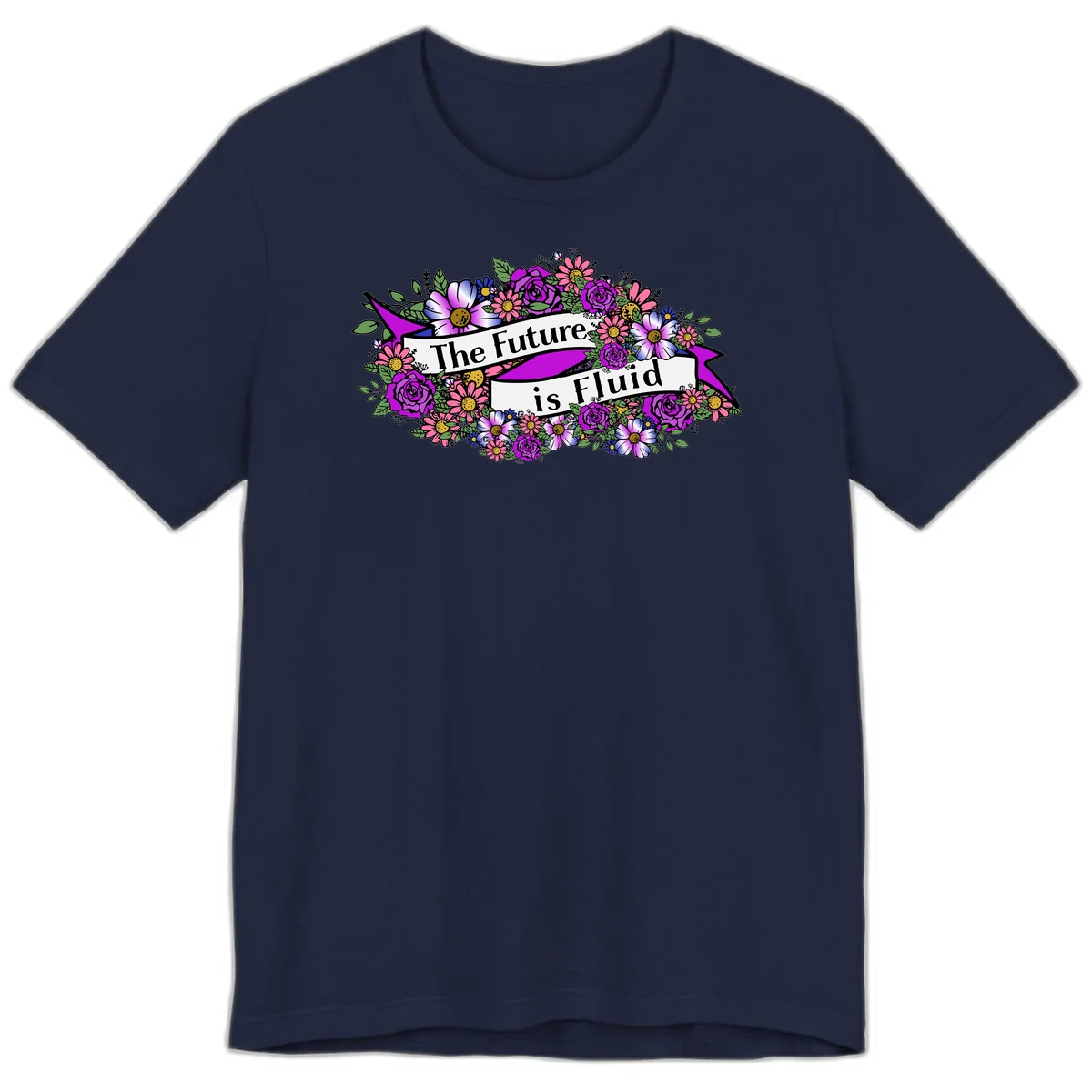 Colorful floral arrangement surrounding a banner reading 'The Future is Fluid' with roses, daisies, and greenery in magenta, pink, purple, and blue tones in Navy