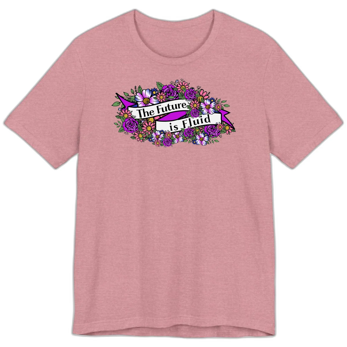 Colorful floral arrangement surrounding a banner reading 'The Future is Fluid' with roses, daisies, and greenery in magenta, pink, purple, and blue tones in Heather Orchid