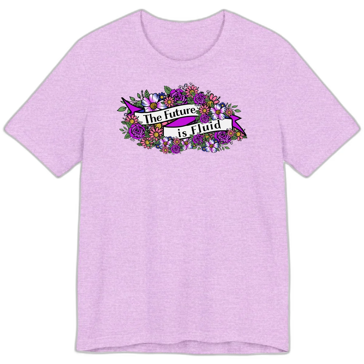 Colorful floral arrangement surrounding a banner reading 'The Future is Fluid' with roses, daisies, and greenery in magenta, pink, purple, and blue tones in Heather Prism Lilac