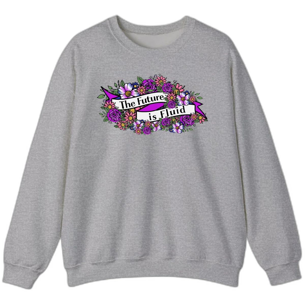 Colorful floral arrangement surrounding a banner reading 'The Future is Fluid' with roses, daisies, and greenery in magenta, pink, purple, and blue tones in Sport Grey