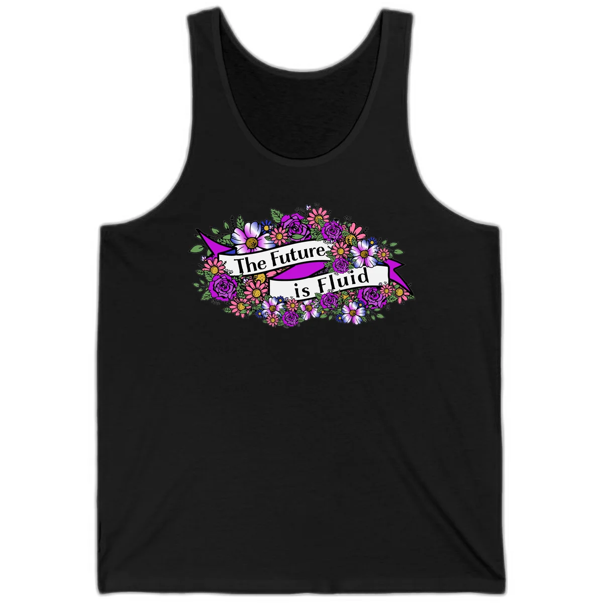 Colorful floral arrangement surrounding a banner reading 'The Future is Fluid' with roses, daisies, and greenery in magenta, pink, purple, and blue tones in Black