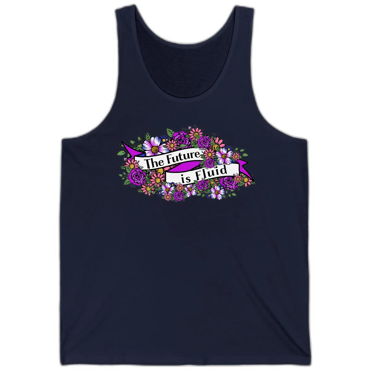 Colorful floral arrangement surrounding a banner reading 'The Future is Fluid' with roses, daisies, and greenery in magenta, pink, purple, and blue tones in Navy