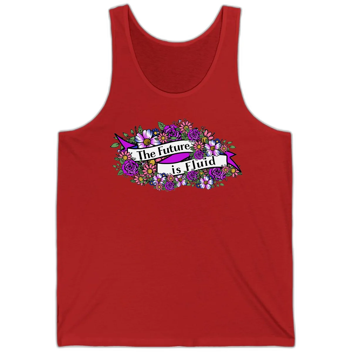 Colorful floral arrangement surrounding a banner reading 'The Future is Fluid' with roses, daisies, and greenery in magenta, pink, purple, and blue tones in Red