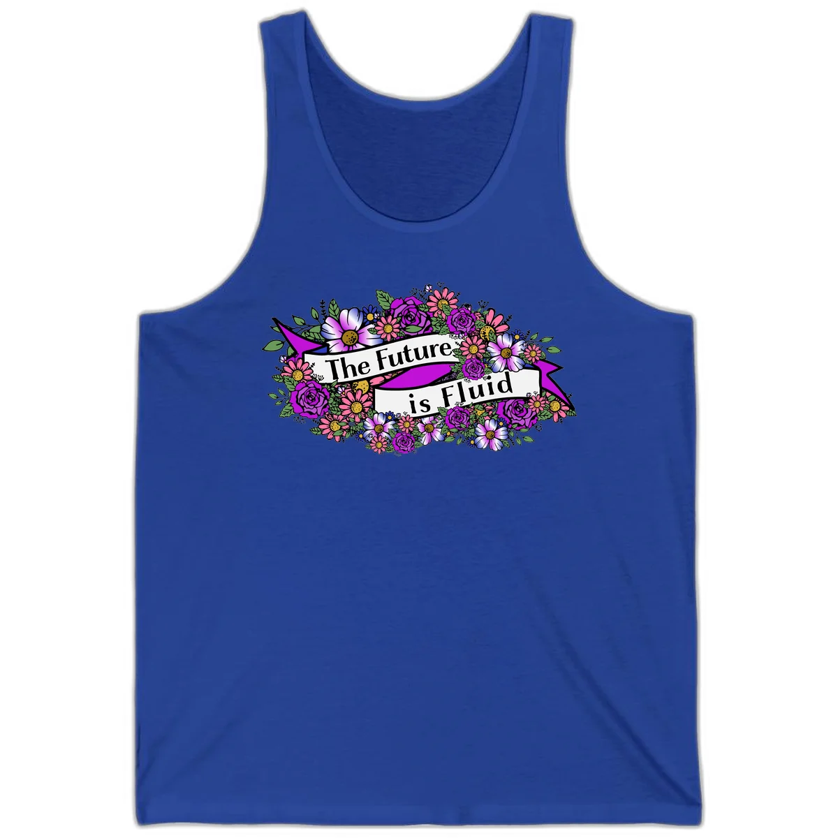 Colorful floral arrangement surrounding a banner reading 'The Future is Fluid' with roses, daisies, and greenery in magenta, pink, purple, and blue tones in True Royal