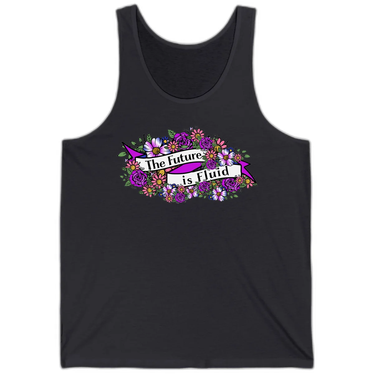 Colorful floral arrangement surrounding a banner reading 'The Future is Fluid' with roses, daisies, and greenery in magenta, pink, purple, and blue tones in Dark Grey