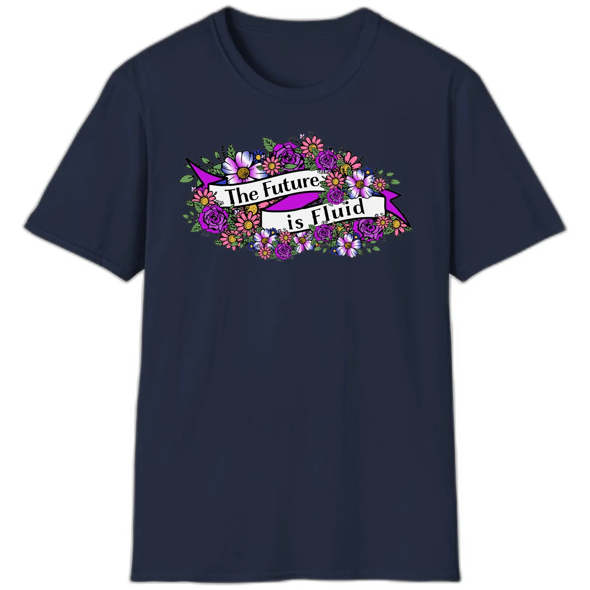 Colorful floral arrangement surrounding a banner reading 'The Future is Fluid' with roses, daisies, and greenery in magenta, pink, purple, and blue tones in Navy