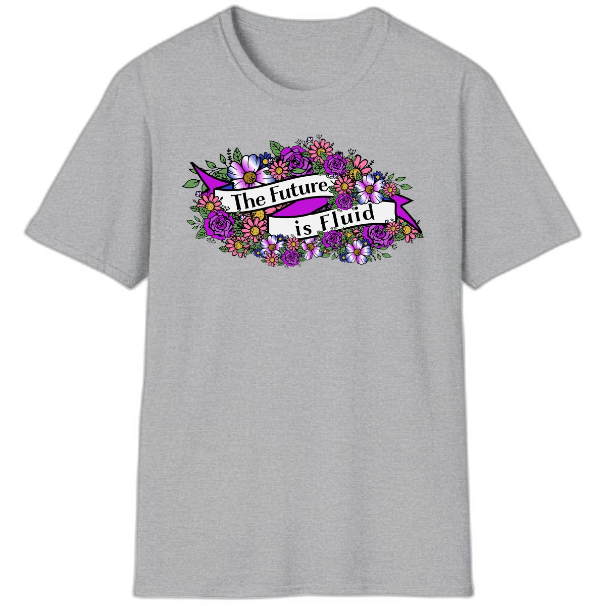 Colorful floral arrangement surrounding a banner reading 'The Future is Fluid' with roses, daisies, and greenery in magenta, pink, purple, and blue tones in Sport Grey