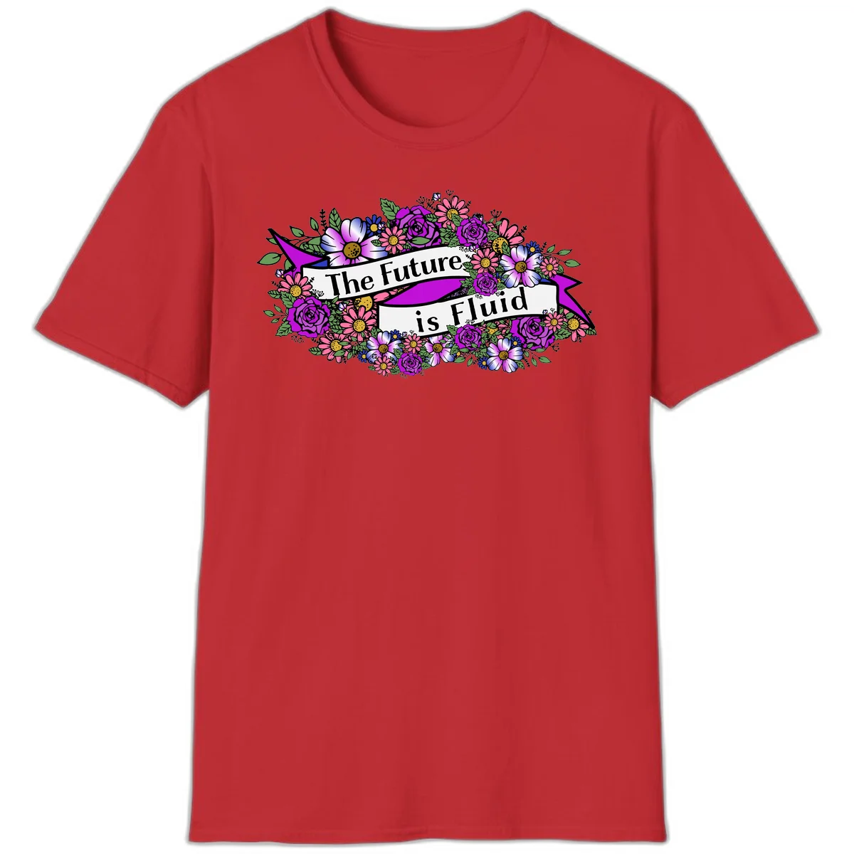 Colorful floral arrangement surrounding a banner reading 'The Future is Fluid' with roses, daisies, and greenery in magenta, pink, purple, and blue tones in Red