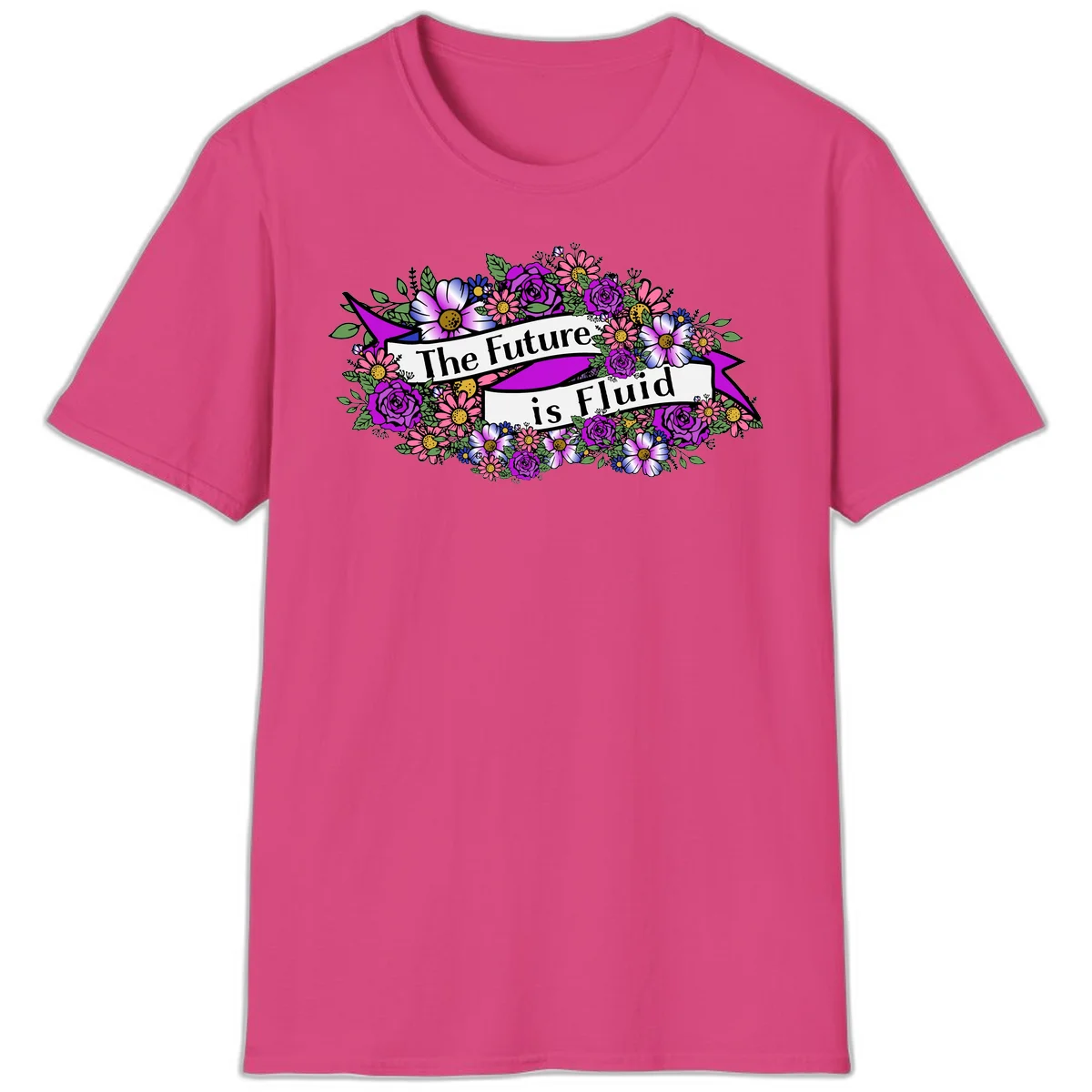 Colorful floral arrangement surrounding a banner reading 'The Future is Fluid' with roses, daisies, and greenery in magenta, pink, purple, and blue tones in Heliconia