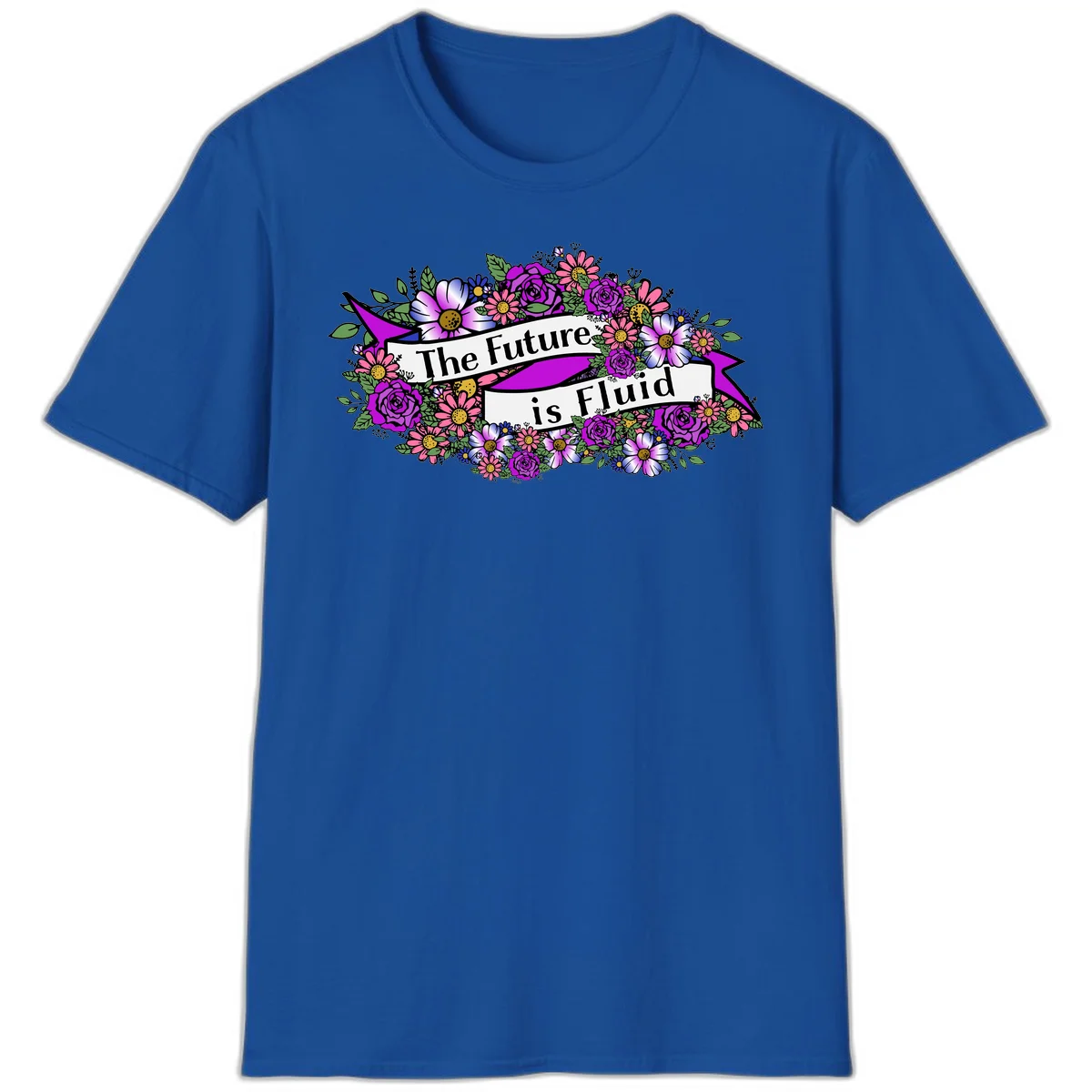 Colorful floral arrangement surrounding a banner reading 'The Future is Fluid' with roses, daisies, and greenery in magenta, pink, purple, and blue tones in Royal