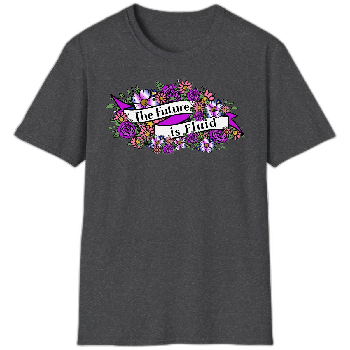 Colorful floral arrangement surrounding a banner reading 'The Future is Fluid' with roses, daisies, and greenery in magenta, pink, purple, and blue tones in Dark Heather