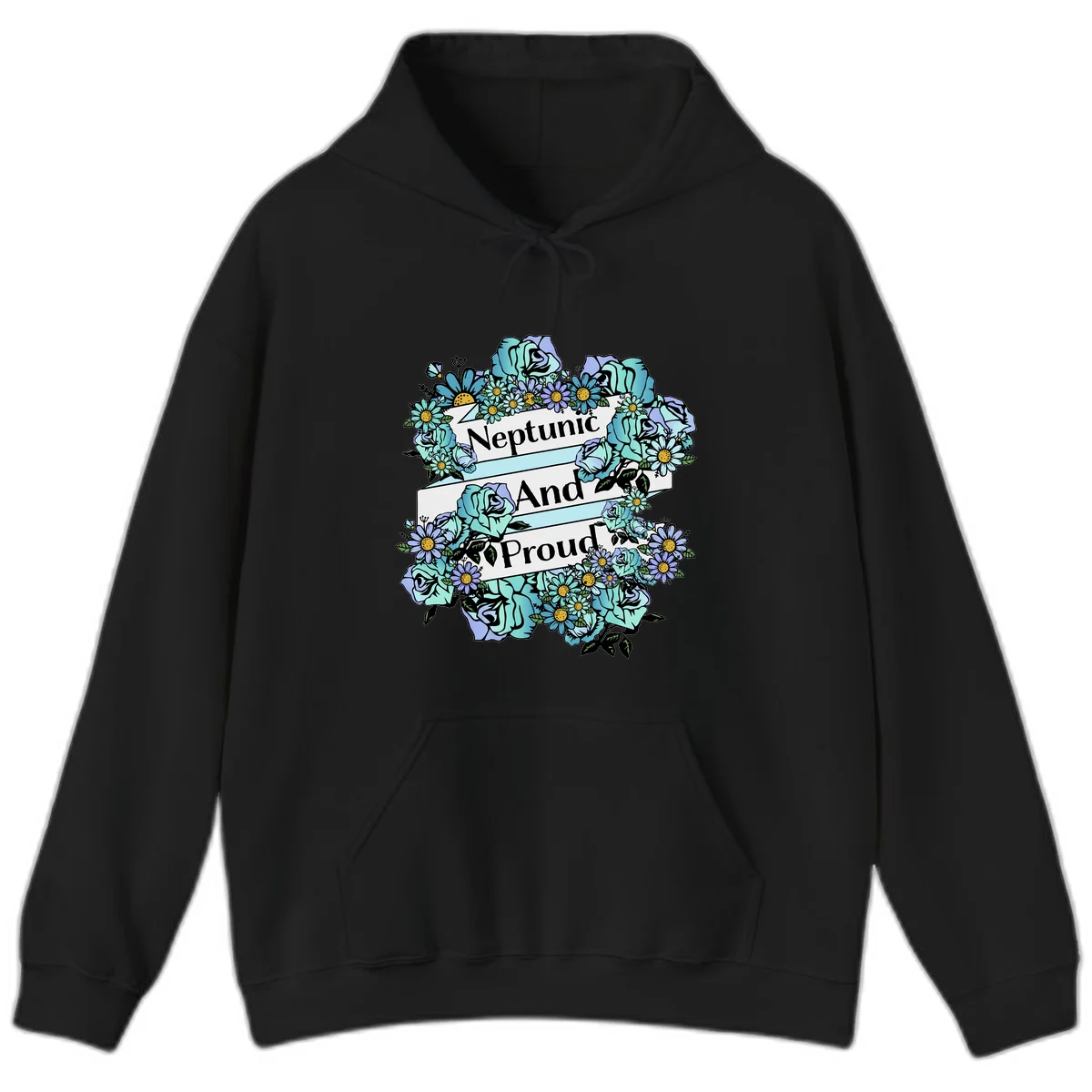 Neptunic pride design: turquoise and purple roses and daisies frame three white ribbons reading 'Neptunic And Proud' in bold text in Black